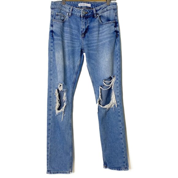 Zara Distressed Medium Wash Denim Straight Leg Jeans - Picture 2 of 11